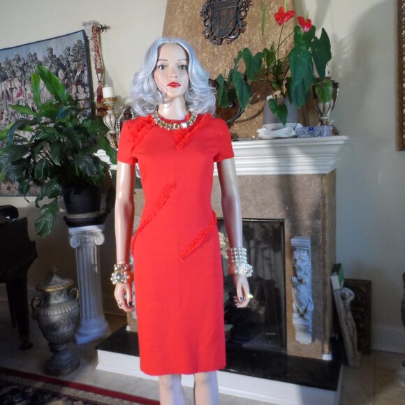 Altuzarra Vibrant Red Sheath Dress w/Asymetrical Fringe Detail Sise FR 36- US 4 - Picture 2 of 16
